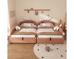 BLACKCOLORS Gestoffeerd bed, combibed voor kinderen, mooi hoofdeinde in de vorm van een konijn, hydraulisch bed met opbergruimte, verhoogd zacht bedhek, fluweel, roze + wit, 90 x 200 cm*2