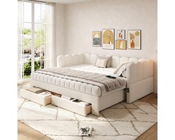 BLACKCOLORS Gestoffeerd bed, dagbed, slaapbank, met 2 opberglades, slaapbank, dagbed 90x190 cm, uitschuifbaar tot 180 cm, met USB-poort, beige linnen