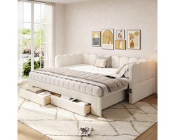 BLACKCOLORS Gestoffeerd bed, dagbed, slaapbank, met 2 opberglades, slaapbank, dagbed 90x200 cm, uitschuifbaar tot 180 cm, met USB-poort, beige linnen