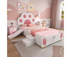 BLACKCOLORS Gestoffeerd bed, eenpersoonsbed, kinderbed, hoofdeinde in de vorm van een cartoonkattenpoot, met glijbaan voor kinderen en ladder met twee treden, PU-oppervlak, wit + roze, 90 x 200 cm