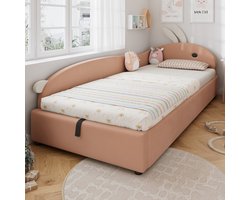 BLACKCOLORS Gestoffeerd bed, eenpersoonsbed, kinderbed, mooi hoofdeinde in de vorm van een konijn, hydraulisch bed met opbergruimte, verhoogde zachte rand, zijpaneel links, fluweel, roze + wit, 90 x 200 cm