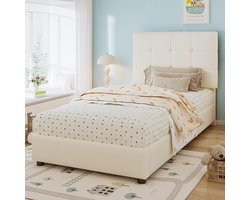 BLACKCOLORS Gestoffeerd bed, eenpersoonsbed, kinderbed, zacht hoofdeinde en rugleuning, schokbestendige randen van schuim, hoofdeinde in de vorm van een koekje, PU + ijzer + schuim + multiplex, beige, 90 x 200 cm