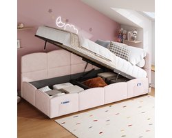 BLACKCOLORS Gestoffeerd bed, kinderbed, eenpersoonsbed, bed met opbergruimte, slaapbank 90x200 cm, met lattenbodem, USB-oplader, opbergtas, tienerbed en bed voor volwassen kinderen, fluweel, roze (zonder matras)
