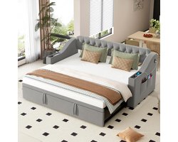 BLACKCOLORS Gestoffeerd bed slaapbank 90/180x190 cm bredere en dikkere armleuningen met USB-oplaadpoort tablet geïntegreerd in de armleuningen met opbergvakken met lattenbodem grijze fluwelen stof