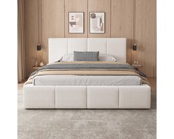 BLACKCOLORS Gestoffeerd bed, tweepersoonsbed, 180 x 200 cm, bed met lattenbodem, hoofdeinde, gestoffeerd hoofdeinde, beige bouclé
