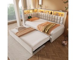 BLACKCOLORS Gestoffeerd bed van linnen 90x200 met uitschuifbaar bed 90x190, led, Bluetooth-luidspreker, USB- en Type-C-oplaadpoort, L-vormig hoofdeinde met opbergplank, slaapbank/extra bed, beige, zonder matras