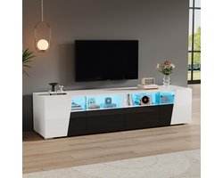 BLACKCOLORS Glanzend tv-meubel 180*38,5*45 cm, tv-meubel met ledverlichting, laag meubel, tv-tafel, tv-meubel, tv-kommode, 2 lades, 2 kasten, open opbergvakken, voor tv's tot 80 inch, wit + zwart