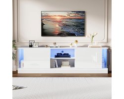 BLACKCOLORS Glanzend wit tv-meubel, geschikt voor tv's tot 70 inch, tv-meubel op voet, tv-meubel voor de woonkamer met LED-opbergfunctie