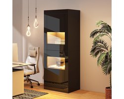 BLACKCOLORS Glanzend zwarte vitrinekast met ledverlichting, 1 glazen plank, 61*42*162 cm, vitrinekast, vrijstaande vitrinekast, hoge kast, opbergkast