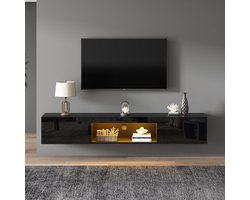 BLACKCOLORS Glanzende hangende tv-meubel 160*31*22 cm, tv-meubel en tv-meubel met ledverlichting, laag tv-meubel, tv-tafel, tv-meubel, tv-commode, tv-wandhouder, voor 70 inch tv's, draagvermogen 35 kg, zwart