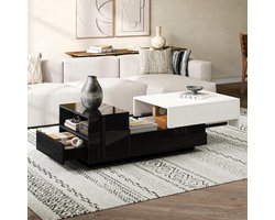 BLACKCOLORS Glanzende salontafel 100*50*38 cm, salontafel met 1 lade, bijzettafel met uitschuifbaar blad, geometrische tafel, salontafel met zwart-wit gestikt motief, grote opbergruimte