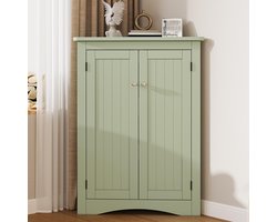 BLACKCOLORS Groene hoekkast voor de badkamer – Vrijstaande driehoekige kast met 2 deuren en 3 niveaus, hoogwaardig MDF-paneel met gelakt oppervlak, ruimtebesparend voor de badkamer, keuken, woonkamer (61,5 x 90 cm)