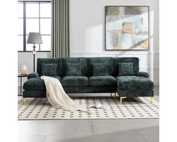 BLACKCOLORS Grote moderne hoekbank in chenille met dubbele slaapbank voor woonkamer, slaapkamer, kantoor, appartement, villa, salon naast de open haard, Émeraude