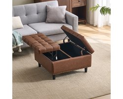 BLACKCOLORS Grote vierkante opbergstoel, opklapbare bank met opbergruimte, geschikt voor de woonkamer, slaapkamer, kantoor, beklede opbergdoos (bruin PU)