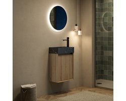 BLACKCOLORS - Hangend Badkamermeubel - 40 cm - Met Onderbouw Wastafel in Zwart Marmer met Steenmotief - Gestreepte Multiplex Kasten - Één Deur - Voorgemonteerd - Kleur Wit Eiken