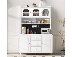 BLACKCOLORS Hoge kast met geperforeerde plank en massief houten poten, barkast met opbergruimte, keukenkast met lades, ideaal voor de keuken en eetkamer (wit)