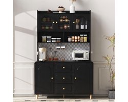 BLACKCOLORS Hoge kast met geperforeerde plank en massief houten poten, barkast met opbergruimte, keukenkast met lades, ideaal voor de keuken en eetkamer (zwart)