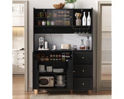 BLACKCOLORS Hoge kast met stopcontacten en geperforeerd paneel, barkast met wijnrek en opbergruimte, keukenkast met lades, ideaal voor de keuken en eetkamer (zwart)
