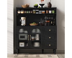 BLACKCOLORS Hoge kast met stopcontacten en lades, barkast met wijnglazenrek en opbergruimte, keukenkast met verstelbare planken, ideaal voor de keuken en eetkamer (zwart)