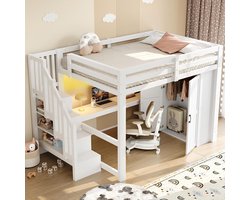 BLACKCOLORS Hoogslaper 140x200 met bureau en plank, kast, trap met opbergruimte, USB-poorten en ledverlichting, wit