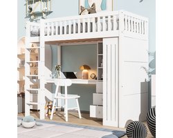 BLACKCOLORS Hoogslaper 90x200cm Bureau Kast met 3 lades Open opbergruimte Leuning Ladder Zonder matras Wit