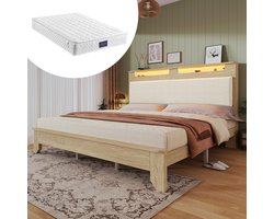 BLACKCOLORS Houten tweepersoonsbed 140 × 200 cm, hoofdeinde met opbergruimte, ledverlichting en gestoffeerde rugleuning in beige corduroy, bedframe met houten latten, licht eiken (met matras, zonder bedbank)