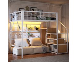 BLACKCOLORS IJzeren bed, stapelbed, hoogslaper 140*200, geschikt voor kinderen en tieners Veelzijdige metalen hoogslaper met app-gestuurde LED-lichtbalken, trap met opbergruimte, open kast, wit