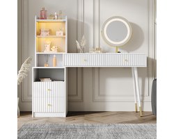 BLACKCOLORS - Kaptafel - Driekleurige LED-spiegel - Vier lades - Verlichte kast met glazen deur - Open opbergvak - Wit-(zonder kruk)