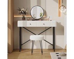 BLACKCOLORS Kaptafel met verlichting en kruk, kaptafel met LED-spiegel, 2 lades, marmeren blad, moderne kaptafel met pooldecor, zwart en wit, 100 x 40 x 120 cm