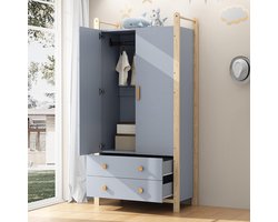 BLACKCOLORS Kast met 2 deuren, kast met kledingroede, 2 lades, geschikt voor slaapkamer, woonkamer, garderobe, van spaanplaat, blauw lichaam + grenen frame, 90 × 45 × 180 cm
