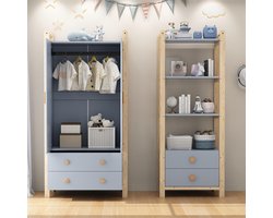 BLACKCOLORS Kast met dubbele draaideuren, gecombineerde kasten, kast + plank, set voor kinderkamer, gecombineerde meubels, met kledingroede en lades, sparrenhouten frame, kleurencombinatie blauw + natuurlijk hout, hoogte 180 cm