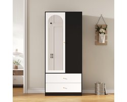 BLACKCOLORS Kast met spiegel en één deur. Moderne kapstok met 2 lades en 4 planken, ideaal voor veelzijdige opbergruimte in de slaapkamer. Wit en zwart, afmetingen: 80 x 40 x 180 cm