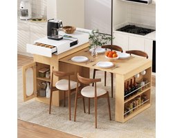 BLACKCOLORS Keukeneiland met wieltjes, uitschuifbare eettafel met opklapbaar tafelblad, bartafel met stekkerdozen en haken, dient als keukeneiland, dressoir of bartafel voor keuken en eetkamer (Naturel)