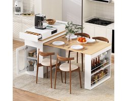 BLACKCOLORS Keukeneiland met wieltjes, uitschuifbare eettafel met opvouwbaar tafelblad, bartafel met stekkerdozen en haken, dient als keukeneiland, dressoir of bartafel voor keuken en eetkamer (Wit)