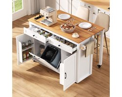 BLACKCOLORS Keukeneiland op wieltjes, uitschuifbaar keukeneiland met werkblad en afvalbak, mobiel keukeneiland met stekkerblokken, ideaal voor de keuken en eetkamer (wit)
