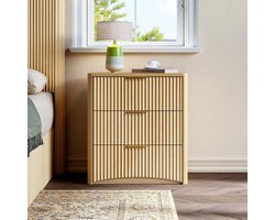 BLACKCOLORS Klassiek nachtkastje met 3 ruime lades – Uniek geribbeld design, hoogwaardige metalen handgrepen en geruisloze geleiders – Stabiel onderstel – Eiken