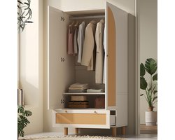 BLACKCOLORS - Kledingkast 180 cm - 2 deuren met rotan - Witte cottage-stijl - Grote lade - Verstelbare planken en kledingroede - Anti-kantelbeveiliging