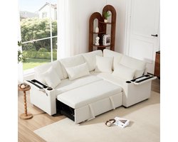 BLACKCOLORS L-vormige hoekbank, slaapbank met opbergruimte, bekerhouders, USB-oplaadpoort, armleuningtafel en vier kussens. Geschikt voor de woonkamer, logeerkamer, thuisbioscoop en zitkamer, beige