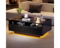BLACKCOLORS LED hoogglans salontafel met 4 lades, salontafel, woonkamertafel, moderne salontafel met 16 kleuren LED-verlichting voor woonkamer slaapkamer, USB