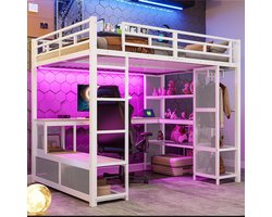 BLACKCOLORS Metalen hoogslaper 140 x 200 cm met opbergruimte, open kast, USB-poort en ledverlichting, wit