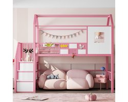 BLACKCOLORS - Metalen Hoogslaper 90x200 cm - met Dak en Trap met Opbergruimte - Roze