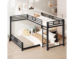 BLACKCOLORS Metalen stapelbed in L-vorm 90 x 200 boven 140 x 200, zwart