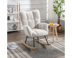 BLACKCOLORS Mid Century moderne schommelstoel van teddy-stof met getufte bekleding, gestoffeerde zitting voor de woonkamer en slaapkamer, wit