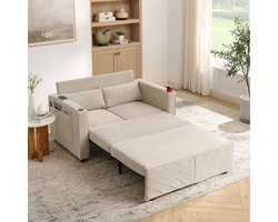 BLACKCOLORS Minimalistische 3-in-1 slaapbank voor 2 personen, groot en elegant, uitschuifbaar ontwerp, USB-oplaadpunt, perfect voor een dutje, beige