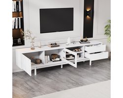 BLACKCOLORS Modern en eenvoudig tv-meubel 200*40*50,5 cm, laag meubel met 2 deuren en 2 lades, tv-meubel met grote opbergruimte, woonkamermeubel met een totaal draagvermogen van 45 kg, geschikt voor 80 inch, wit
