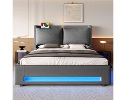 BLACKCOLORS Modern fluwelen hemelbed met elegant hoofdeinde, praktische opbergruimte, USB-C-poorten, sfeerverlichting met led, afneembare kussens en geïntegreerde stofbescherming. Elegant en functioneel. 140*190 cm