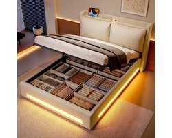 BLACKCOLORS Modern fluwelen hemelbed met elegant hoofdeinde, praktische opbergruimte, USB-C-poorten, sfeerverlichting met led, afneembare kussens en geïntegreerde stofbescherming. Elegant en functioneel. 140*190 cm