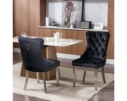 BLACKCOLORS Modern hoogwaardige eigentijdse eetkamerstoel van gestoffeerd fluweel, met verchroomde roestvrijstalen poten, spijkerstof, set van 2, zwart en chroom, DE1701BK