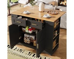 BLACKCOLORS Modern Keukeneiland - Keukenkast en Buffetkast - Serveertafel met Houtnerf - Multifunctionele Eettafel met Opbergruimte - Uitschuifbare Kasten - Zwart
