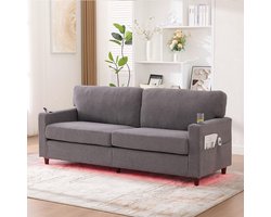 BLACKCOLORS Moderne 2-zitsbank in chenille met USB-C, LED-sfeerverlichting, bekerhouders en zijvakken. Houten/metalen frame met comfortabel schuim. Ideaal voor de woonkamer, slaapkamer of kantoor. Lichtgrijs